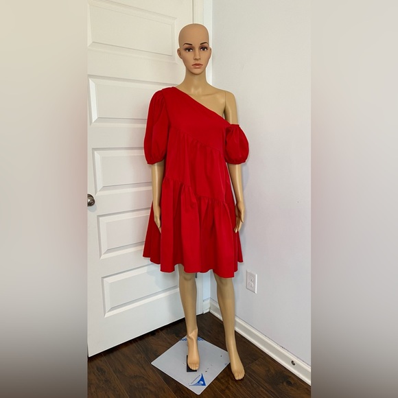 Dresses & Skirts - Red Asymmetrical Neck Puff Sleeve Ruffle Hem Smock Dress - Size L - Gently Used